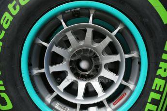 World © Octane Photographic Ltd. 2014 Formula 1 Winter Testing, Circuito de Velocidad, Jerez Winter testing set up day – Monday 27th January 2014. Mercedes AMG Petronas wheels with Pirelli green intermediate compound tyres. Digital Ref : 0879cb1d9357