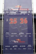 World © Octane Photographic Ltd. 2014 Formula 1 Winter Testing, Circuito de Velocidad, Jerez Winter testing set up day – Monday 27th January 2014. Toro Rosso's press conference backdrop with Vergne's and Kvyat's car new personal numbers. Digital Ref : 0879cb7d6971