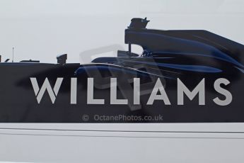 World © Octane Photographic Ltd. 2014 Formula 1 Winter Testing, Circuito de Velocidad, Jerez Winter testing set up day – Monday 27th January 2014. Williams F1 team graphic of the 2014 FW36 car on a transporter's side. Digital Ref : 0879cb7d6977