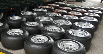 World © Octane Photographic Ltd. 2014 Formula 1 Winter Testing, Circuito de Velocidad, Jerez Winter testing set up day – Monday 27th January 2014. Pirelli tyres in the Caterham paddock ready for use. Seen here are the 2014 Green, Orange, White dry weather compounds along with the winter test spec all black tyre. Digital Ref : 0879cb7d6988