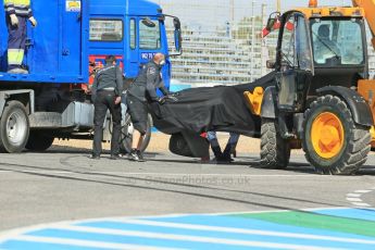 World © Octane Photographic Ltd. 2014 Formula 1 Winter Testing, Circuito de Velocidad, Jerez. Tuesday 28th January 2014. Day 1. Mercedes AMG Petronas F1 W05 – Lewis Hamilton. Lewis Hamilton crashes at 1st corner causing a red flag, the W05 car being lifted onto the support truck. Digital Ref: 0882lb1d0252