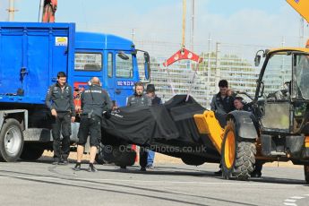 World © Octane Photographic Ltd. 2014 Formula 1 Winter Testing, Circuito de Velocidad, Jerez. Tuesday 28th January 2014. Day 1. Mercedes AMG Petronas F1 W05 – Lewis Hamilton. Lewis Hamilton crashes at 1st corner causing a red flag, the W05 car being lifted onto the support truck. Digital Ref: 0882lb1d0257