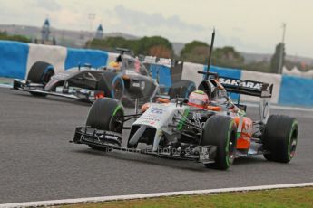 World © Octane Photographic Ltd. 2014 Formula 1 Winter Testing, Circuito de Velocidad, Jerez. Wednesday 29th January 2014. Day 2. Sahara Force India VJM07 – Sergio Perez and Sauber C33 Ferrari - Esteban Gutierrez. Digital Ref: 0886cb1d9842