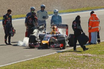 World © Octane Photographic Ltd. 2014 Formula 1 Winter Testing, Circuito de Velocidad, Jerez. Thursday 30th January 2014. Day 3. Infiniti Red Bull Racing RB10 – Daniel Ricciardo stops on track with overheating problems on his outlap. Digital Ref: 0887cb1d0878