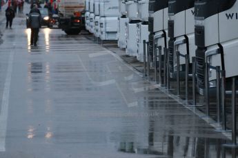 World © Octane Photographic Ltd. 2014 Formula 1 Winter Testing, Circuito de Velocidad, Jerez. Friday 31st January 2014. Day 4. Williams and Sauber trucks in the wet paddock. Digital Ref: 0888cb1d1252