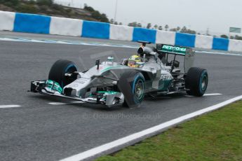 World © Octane Photographic Ltd. 2014 Formula 1 Winter Testing, Circuito de Velocidad, Jerez. Friday 31st January 2014. Day 4. Mercedes AMG Petronas F1 W05 - Nico Rosberg briefly trying out his older yellow helmet. Digital Ref: 0888cb1d1288