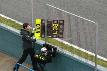 World © Octane Photographic Ltd. 2014 Formula 1 Winter Testing, Circuito de Velocidad, Jerez. Friday 31st January 2014. Day 4. Mercedes AMG Petronas F1 W05 - Nico Rosberg's pit board shows they are planning long runs. Digital Ref: 0888cb1d1504