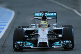 World © Octane Photographic Ltd. 2014 Formula 1 Winter Testing, Circuito de Velocidad, Jerez. Friday 31st January 2014. Day 4. Mercedes AMG Petronas F1 W05 - Nico Rosberg briefly trying out his older yellow helmet. Running with sensors in air intake details. Digital Ref: 0888lb1d2757