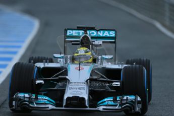 World © Octane Photographic Ltd. 2014 Formula 1 Winter Testing, Circuito de Velocidad, Jerez. Friday 31st January 2014. Day 4. Mercedes AMG Petronas F1 W05 - Nico Rosberg briefly trying out his older yellow helmet. Running with sensors in air intake details. Digital Ref: 0888lb1d2759