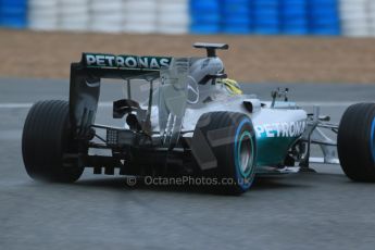 World © Octane Photographic Ltd. 2014 Formula 1 Winter Testing, Circuito de Velocidad, Jerez. Friday 31st January 2014. Day 4. Mercedes AMG Petronas F1 W05 - Nico Rosberg briefly trying out his older yellow helmet. Rear end details. Digital Ref: 0888lb1d2829