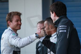 World © Octane Photographic Ltd. 2014 Formula 1 Winter Testing, Circuito de Velocidad, Jerez. Tuesday 27th January 2014. Mercedes AMG Petronas F1 W05 launch – Toto Wolff, Lewis Hamilton, and Nico Rosberg. Digital Ref: 0884cb1d9184