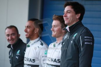 World © Octane Photographic Ltd. 2014 Formula 1 Winter Testing, Circuito de Velocidad, Jerez. Tuesday 27th January 2014. Mercedes AMG Petronas F1 W05 launch – Toto Wolff, Lewis Hamilton, and Nico Rosberg. Digital Ref: 0884cb1d9191