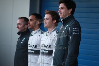 World © Octane Photographic Ltd. 2014 Formula 1 Winter Testing, Circuito de Velocidad, Jerez. Tuesday 27th January 2014. Mercedes AMG Petronas F1 W05 launch – Toto Wolff, Lewis Hamilton, and Nico Rosberg. Digital Ref: 0884cb1d9195