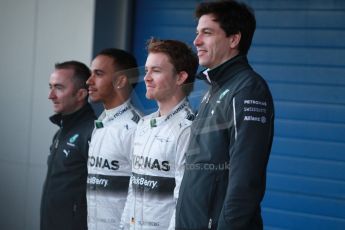 World © Octane Photographic Ltd. 2014 Formula 1 Winter Testing, Circuito de Velocidad, Jerez. Tuesday 27th January 2014. Mercedes AMG Petronas F1 W05 launch – Toto Wolff, Lewis Hamilton, and Nico Rosberg. Digital Ref: 0884cb1d9198