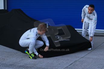 World © Octane Photographic Ltd. 2014 Formula 1 Winter Testing, Circuito de Velocidad, Jerez. Tuesday 27th January 2014. Mercedes AMG Petronas F1 W05 launch – Nico Rosberg and Lewis Hamilton. Digital Ref: 0884lb1d9625