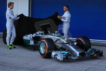 World © Octane Photographic Ltd. 2014 Formula 1 Winter Testing, Circuito de Velocidad, Jerez. Tuesday 27th January 2014. Mercedes AMG Petronas F1 W05 launch – Nico Rosberg and Lewis Hamilton. Digital Ref: 0884lb1d9651