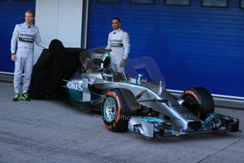 World © Octane Photographic Ltd. 2014 Formula 1 Winter Testing, Circuito de Velocidad, Jerez. Tuesday 27th January 2014. Mercedes AMG Petronas F1 W05 launch – Nico Rosberg and Lewis Hamilton. Digital Ref: 0884lb1d9660