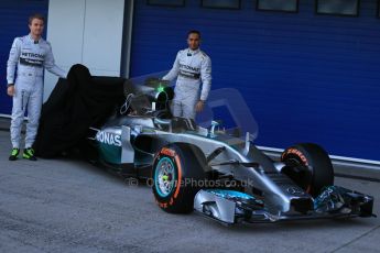 World © Octane Photographic Ltd. 2014 Formula 1 Winter Testing, Circuito de Velocidad, Jerez. Tuesday 27th January 2014. Mercedes AMG Petronas F1 W05 launch – Nico Rosberg and Lewis Hamilton. Digital Ref: 0884lb1d9667