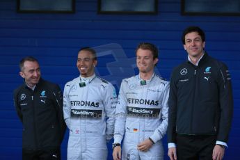 World © Octane Photographic Ltd. 2014 Formula 1 Winter Testing, Circuito de Velocidad, Jerez. Tuesday 27th January 2014. Mercedes AMG Petronas F1 W05 launch – Toto Wolf, Nico Rosberg and Lewis Hamilton. Digital Ref: 0884lb1d9705