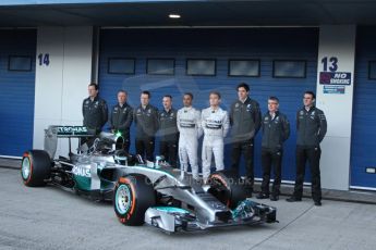 World © Octane Photographic Ltd. 2014 Formula 1 Winter Testing, Circuito de Velocidad, Jerez. Tuesday 27th January 2014. Mercedes AMG Petronas F1 W05 launch – Toto Wolf, Nico Rosberg and Lewis Hamilton. Digital Ref: 0884lw7d7349