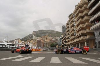 World © Octane Photographic Ltd. Thursday 22nd May 2014. Monaco - Monte Carlo - Formula 1 Practice 1. Scuderia Ferrari F14T – Kimi Raikkonen and Scuderia Toro Rosso STR 9 – Daniil Kvyat. Digital Ref: 0958LB1D6154
