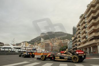 World © Octane Photographic Ltd. Thursday 22nd May 2014. Monaco - Monte Carlo - Formula 1 Practice 1. McLaren Mercedes MP4/29 - Jenson Button and Lotus F1 Team E22 – Pastor Maldonado. Digital Ref: 0958LB1D6242