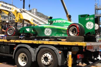 World © Octane Photographic Ltd. Saturday 24th May 2014. Monaco - Monte Carlo - Formula 1 Qualifying. Caterham F1 Team CT05 – Marcus Ericsson's car returns to the pits on a flatbed truck. Digital Ref: 0967CB7D5359