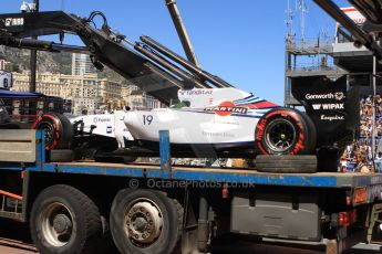 World © Octane Photographic Ltd. Saturday 24th May 2014. Monaco - Monte Carlo - Formula 1 Qualifying. Williams Martini Racing FW36 – Felipe Massa's car returns to the pits on a flatbed truck. Digital Ref: 0967CB7D5368