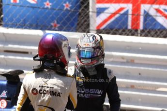 World © Octane Photographic Ltd. Friday 23rd May 2014. GP2 Feature Race – Monaco, Monte Carlo. Mitch Evans - RT Russian Time congratulates Jolyon Palmer DAMS. Digital Ref : 0963CB7D3055