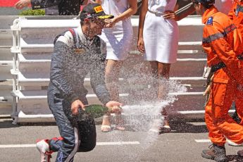 World © Octane Photographic Ltd. Friday 23rd May 2014. GP2 Feature Race – Monaco, Monte Carlo. Mitch Evans (2nd) sprays his champagne - RT Russian Time. Digital Ref : 0963CB7D3191