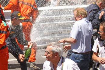 World © Octane Photographic Ltd. Friday 23rd May 2014. GP2 Feature Race – Monaco, Monte Carlo. Mitch Evans (2nd) sprays his champagne over Jonathan Palmer - RT Russian Time. Digital Ref : 0963CB7D3196