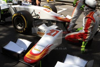 World © Octane Photographic Ltd. Friday 23rd May 2014. GP2 Feature Race – Monaco, Monte Carlo. Kimiya Sato receives a new nose cone on Campos Racing car before the restart. Digital Ref : 0963CB7D5255
