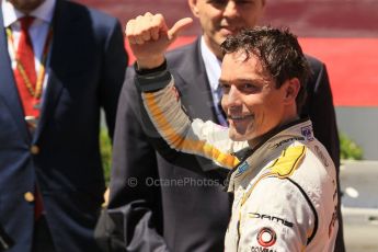 World © Octane Photographic Ltd. Friday 23rd May 2014. GP2 Feature Race – Monaco, Monte Carlo. Jolyon Palmer celebrates on his way to the podium - DAMS. Digital Ref : 0963LB1D7254