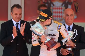World © Octane Photographic Ltd. Friday 23rd May 2014. GP2 Feature Race – Monaco, Monte Carlo. Jolyon Palmer kisses his winners trophy - DAMS. Digital Ref : 0963LB1D7264