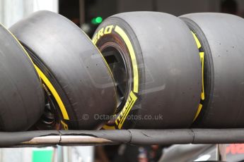 World © Octane Photographic Ltd. Wednesday 21st May 2014. Monaco - Monte Carlo - Formula 1 Pitlane. Pirelli yellow tyres. Digital Ref: