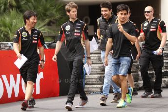 World © Octane Photographic Ltd. Wednesday 21st May 2014. Monaco - Monte Carlo - Formula 1. Lotus F1 Team trackwalk – Ayao Komatsu (Race Engineer), Romain Grosjean, and F1 Junior Team members Esteban Ocon (FIA Formual 3) and Marlon Stockinger (Formula Renault 3.5). Digital Ref: