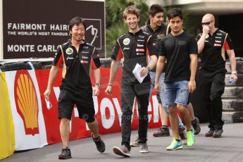 World © Octane Photographic Ltd. Wednesday 21st May 2014. Monaco - Monte Carlo - Formula 1. Lotus F1 Team trackwalk – Romain Grosjean, and F1 Junior Team members Esteban Ocon (FIA Formual 3) and Marlon Stockinger (Formula Renault 3.5). Digital Ref:
