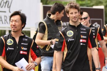 World © Octane Photographic Ltd. Wednesday 21st May 2014. Monaco - Monte Carlo - Formula 1. Lotus F1 Team trackwalk – Ayao Komatsu (Race Engineer), Romain Grosjean, and F1 Junior Team member Esteban Ocon (FIA Formual 3). Digital Ref: