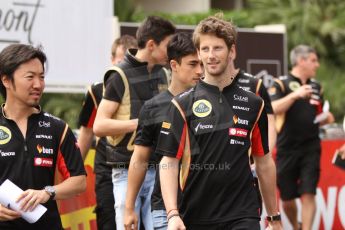 World © Octane Photographic Ltd. Wednesday 21st May 2014. Monaco - Monte Carlo - Formula 1. Lotus F1 Team trackwalk – Ayao Komatsu (Race Engineer), Romain Grosjean, and F1 Junior Team members Esteban Ocon (FIA Formual 3) and Marlon Stockinger (Formula Renault 3.5). Digital Ref: