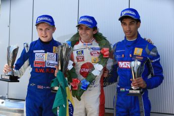 World © Octane Photographic Ltd. Protyre Formula Renault Championship. June 1st 2014. Race 2 – Castle Donington. Pietro Fittipaldi (1st) and Tarun Reddy (3rd) – MGR Motorsport and Alex Gill - Fortec Motorsports (2nd). Digital Ref : 0975CB1D0883