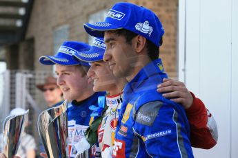 World © Octane Photographic Ltd. Protyre Formula Renault Championship. June 1st 2014. Race 2 – Castle Donington. Pietro Fittipaldi (1st) and Tarun Reddy (3rd) – MGR Motorsport and Alex Gill - Fortec Motorsports (2nd). Digital Ref : 0975CB1D0888