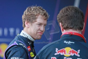 World © Octane Photographic Ltd. 2014 Formula 1 Winter Testing, Circuito de Velocidad, Jerez. Tuesday 27th January 2014. Day 1. Infiniti Red Bull Racing RB10 launch. Sebastian Vettel and Christian Horner. Digital Ref: 0885cb1d9207