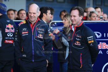 World © Octane Photographic Ltd. 2014 Formula 1 Winter Testing, Circuito de Velocidad, Jerez. Tuesday 27th January 2014. Day 1. Infiniti Red Bull Racing RB10 launch - Daniel Ricciardo, Adrian Newey and Christian Horner. Digital Ref: