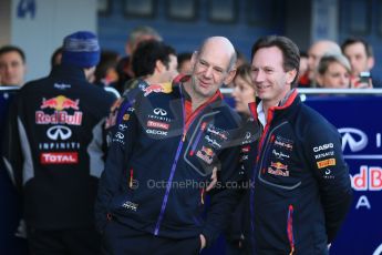 World © Octane Photographic Ltd. 2014 Formula 1 Winter Testing, Circuito de Velocidad, Jerez. Tuesday 27th January 2014. Day 1. Infiniti Red Bull Racing RB10 launch - Daniel Ricciardo, Adrian Newey and Christian Horner. Digital Ref: 0885lb1d9752