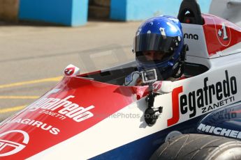 World © Octane Photographic Ltd. Senna Formula 1 car showcase filmed by Sky F1 at Donington Park race track. Tuesday 8th April 2014 Damon Hill, Ex-Ayrton Senna Toleman TG184. Digital Ref : 0904lb1d0003