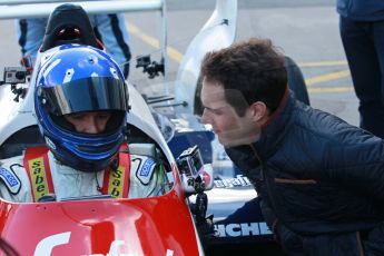 World © Octane Photographic Ltd. Senna Formula 1 car showcase filmed by Sky F1 at Donington Park race track. Tuesday 8th April 2014. Damon Hill, Ex-Ayrton Senna Toleman TG184 Digital Ref : 0904lb1d0018