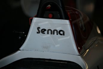 World © Octane Photographic Ltd. Senna Formula 1 car showcase filmed by Sky F1 at Donington Park race track. Tuesday 8th April 2014. Senna Headrest. Digital Ref : 0904lb1d0091