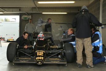World © Octane Photographic Ltd. Senna Formula 1 car showcase filmed by Sky F1 at Donington Park race track. Tuesday 8th April 2014. Bruno Senna talks to Martin Brundle while he's in the Lotus 98T. Digital Ref : 0904lb1d3943