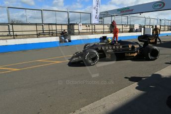 World © Octane Photographic Ltd. Senna Formula 1 car showcase filmed by Sky F1 at Donington Park race track. Tuesday 8th April 2014. Bruno Senna in his Uncle's Lotus 98T. Digital Ref : 0904lb1d4015