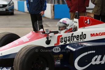 World © Octane Photographic Ltd. Senna Formula 1 car showcase filmed by Sky F1 at Donington Park race track. Tuesday 8th April 2014. Ex-Ayrton Senna Toleman TG184 - Alastair Davidson. Digital Ref : 0904lb1d9916